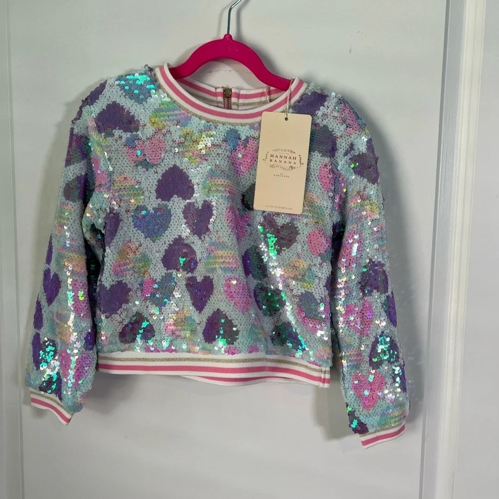 Hannah Banana Heart Print Sequined Sweatshirt ~ Pink Multi size 5